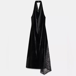 Zara Elegant Black Midi Velvet Lace Halter Dress